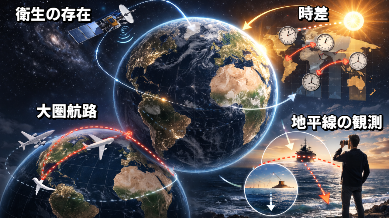 地球が球体であることの観測結果をまとめた図