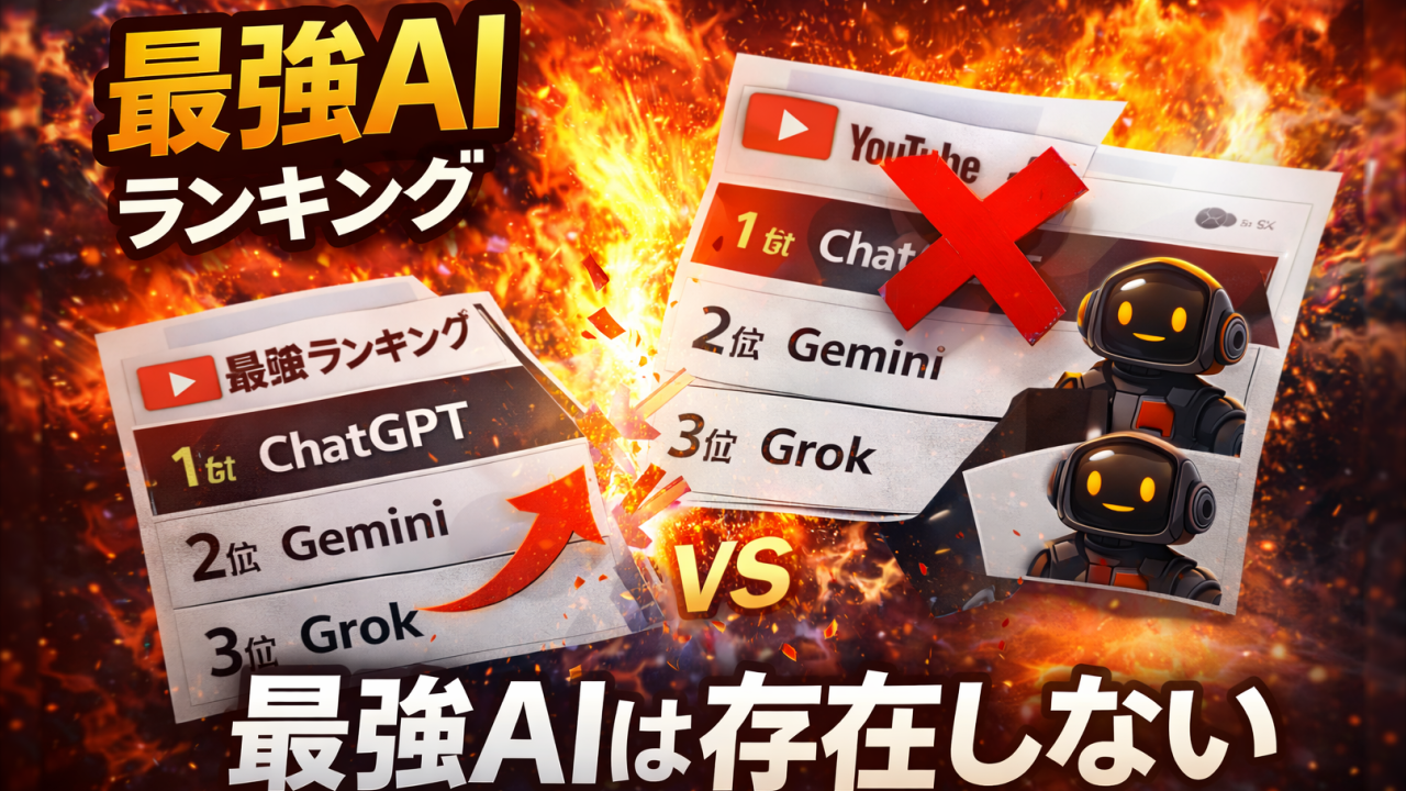 最強AIランキングをバツで否定するサムネイル画像。ChatGPT・Gemini・Grokの順位表と「最強AIは存在しない」というメッセージ