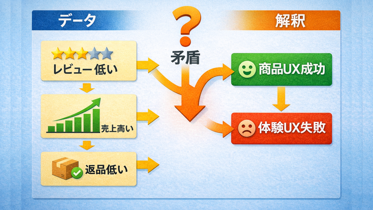 レビュー低評価と高売上の矛盾からUX問題を分析する因果関係図