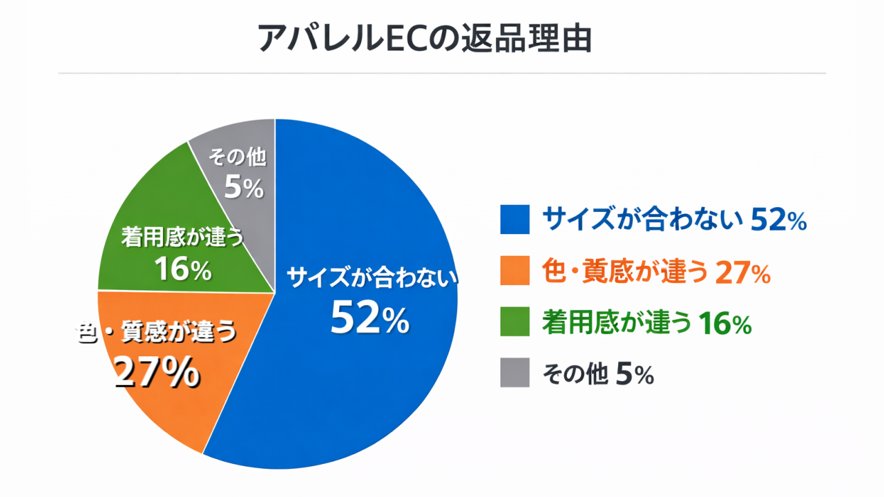 アパレルEC返品理由の内訳（サイズ
、色、着用感）