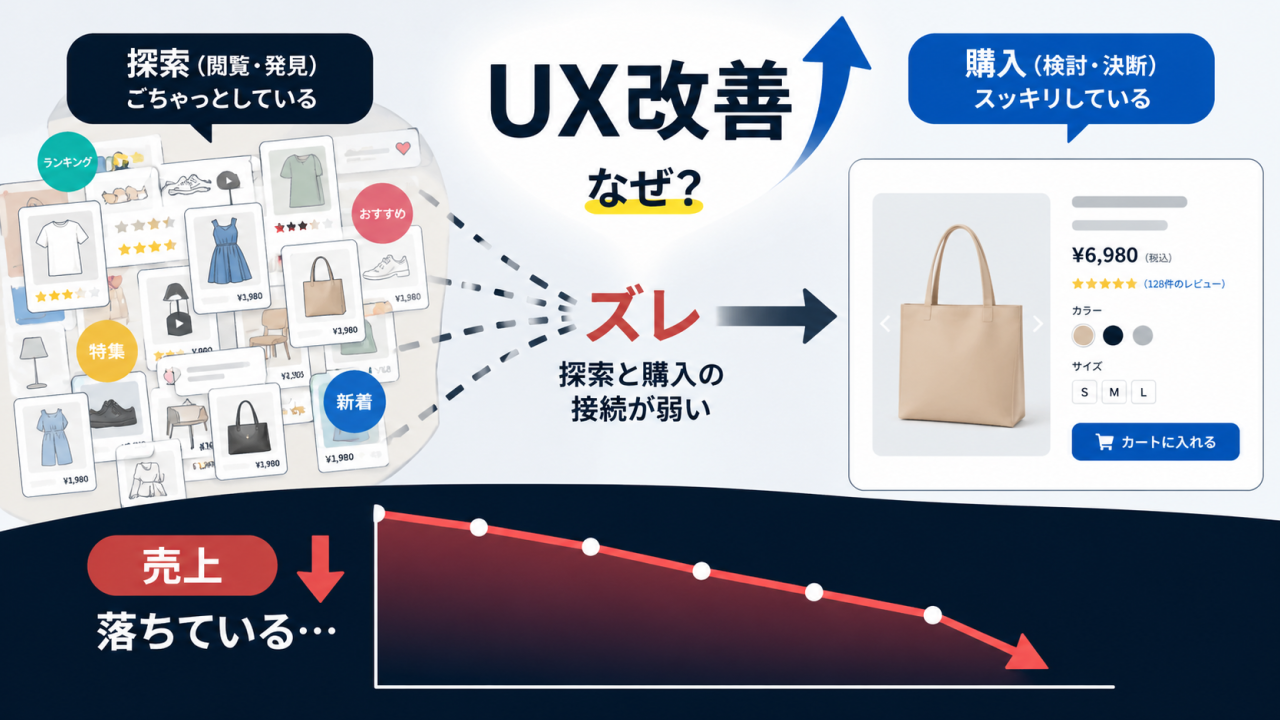UX改善後に売上が低下する逆説を示したECの探索と購入のズレの概念図