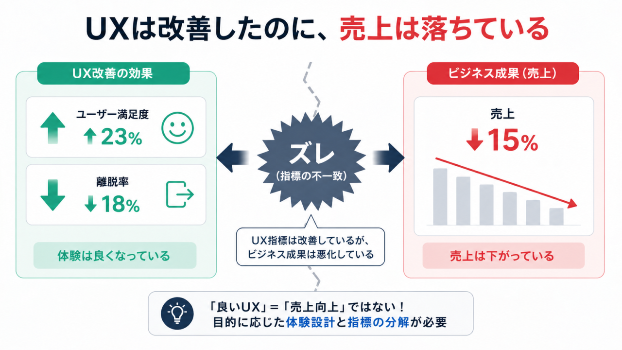 UX指標は改善しているが売上が低下しているズレを示した関係図