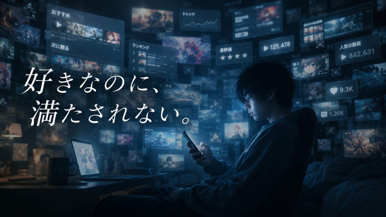大量のコンテンツやSNS画面に囲まれながら、虚無感を抱える人物のイメージ