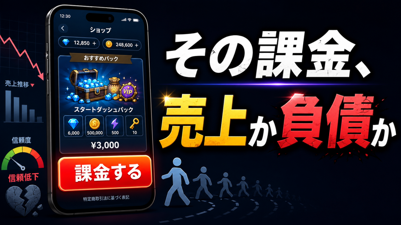 スマホゲームの課金画面と下落グラフを背景に、「その課金、売上か負債か」と表示したサムネイル画像