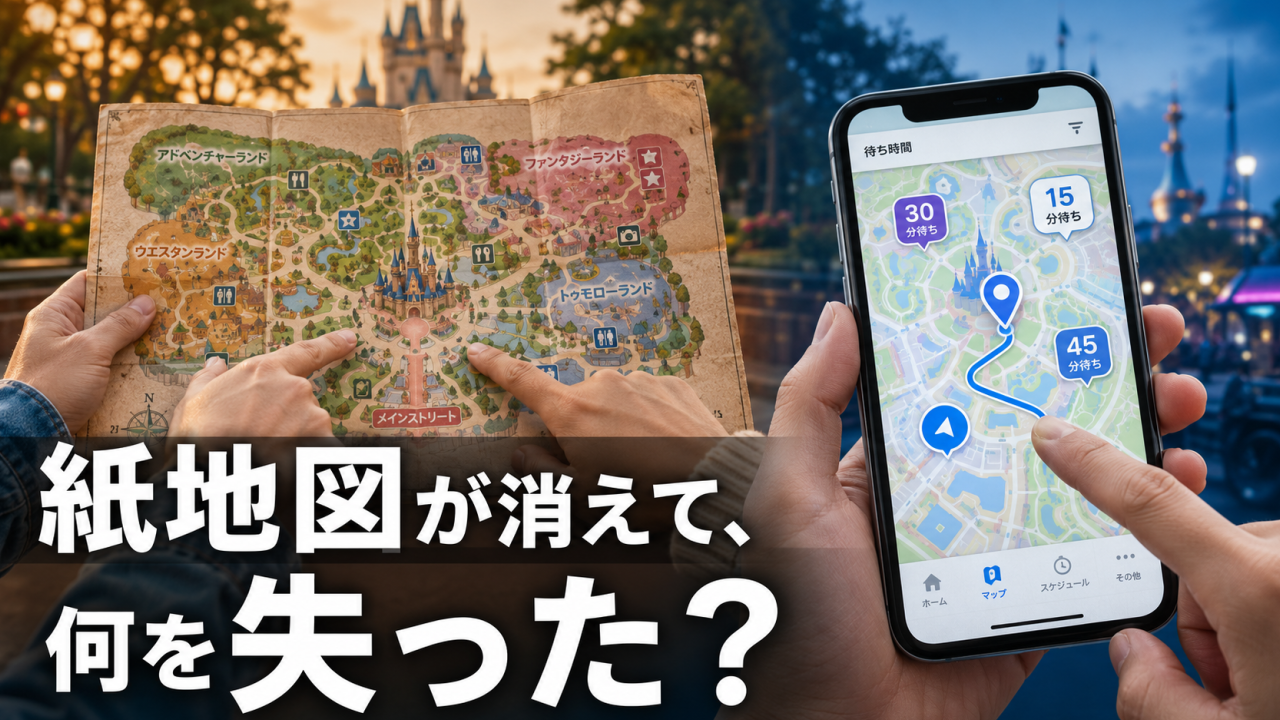 ディズニーランドの紙地図とスマートフォンの地図アプリを対比し、探索体験の変化を表現したサムネイル