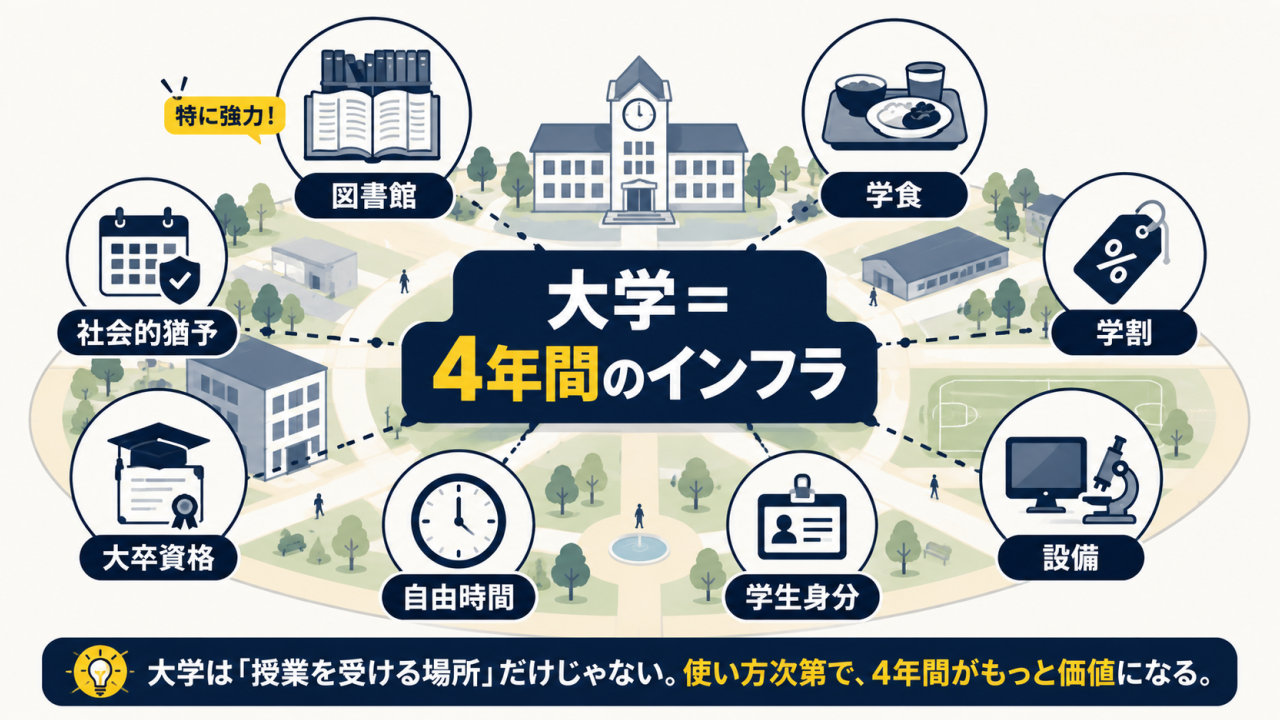 大学を4年間のインフラとして捉え、図書館、学食、学割、設備、学生身分などの資源を整理した図解