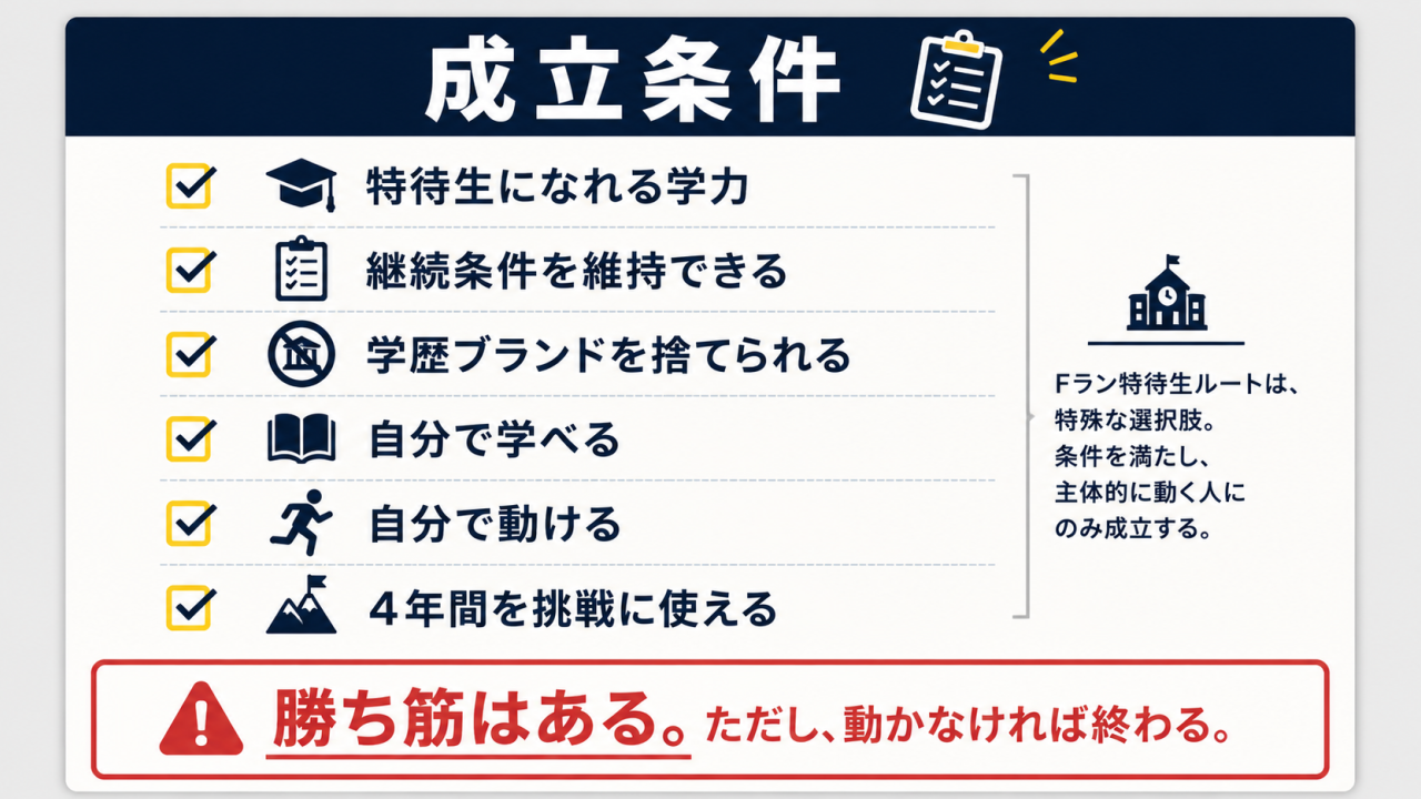 Fラン特待生ルートの成立条件として、学力、継続条件、自主性、挑戦量などを整理したチェックリスト