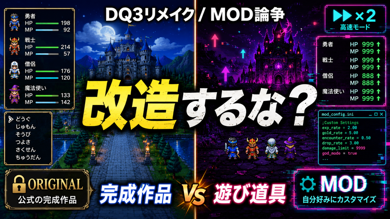 DQ3リメイクの移動速度MODをめぐる論争と、ゲーム改造への賛否を左右の対立構図で表したサムネイル