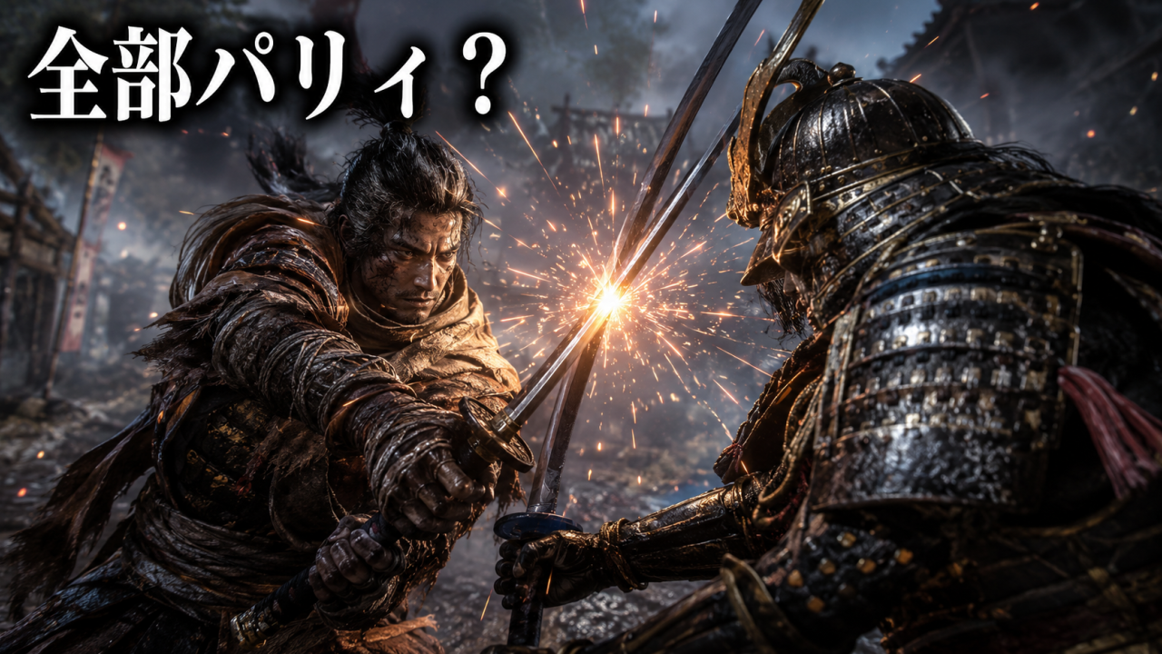 SEKIROの剣戟シーンと「全部パリィ？」という文字を配置した記事サムネイル