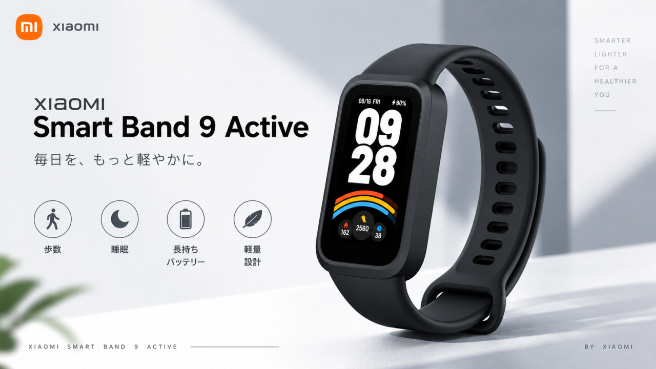 Xiaomi Smart Band 9 Active本体と黒い純正バンド