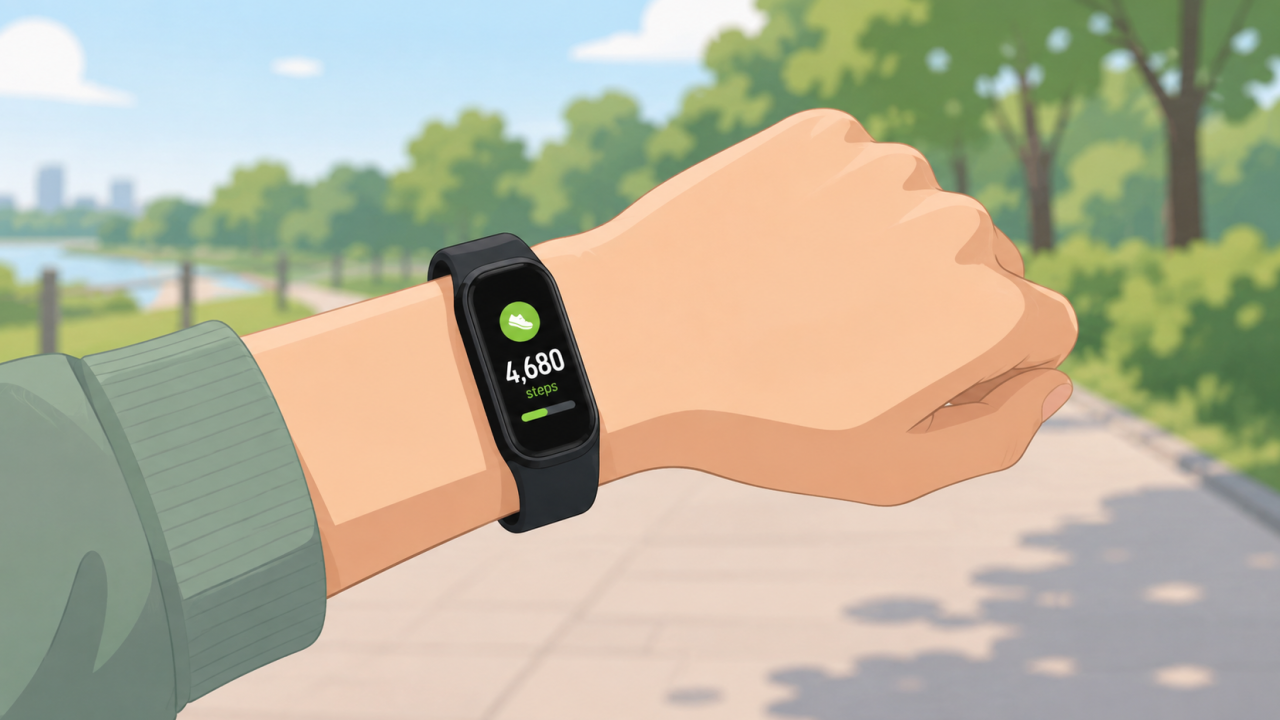 散歩中にXiaomi Smart Band 9 Activeで歩数を確認している様子