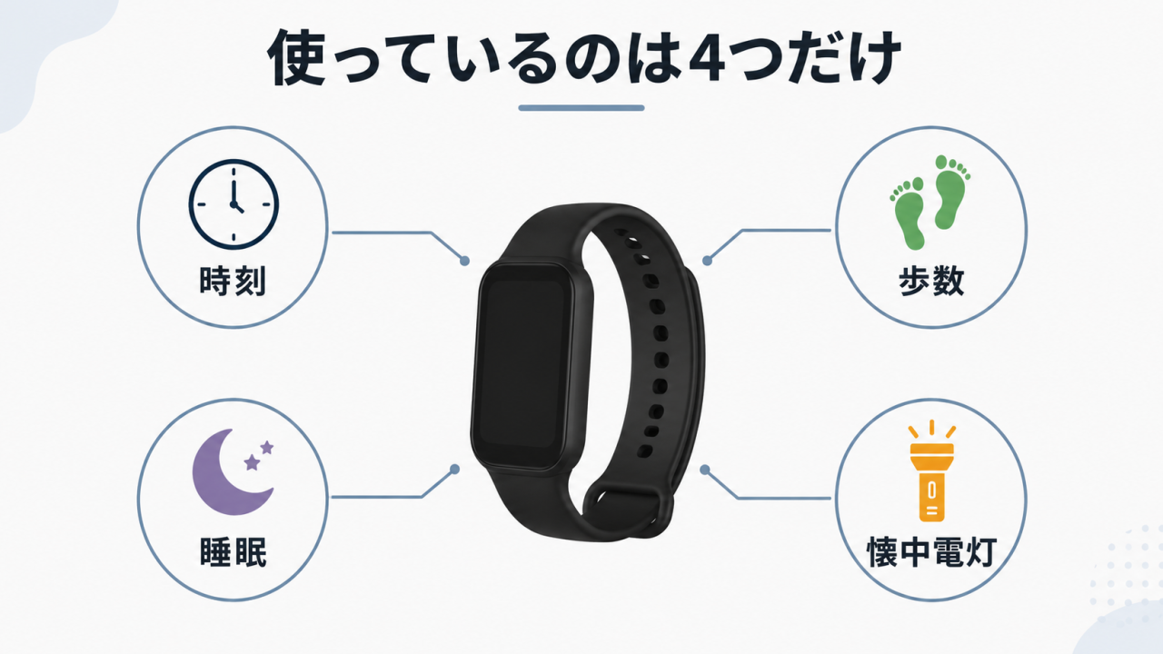 Xiaomi Smart Band 9 Activeで実際に使っている時刻、歩数、睡眠、懐中電灯の４機能